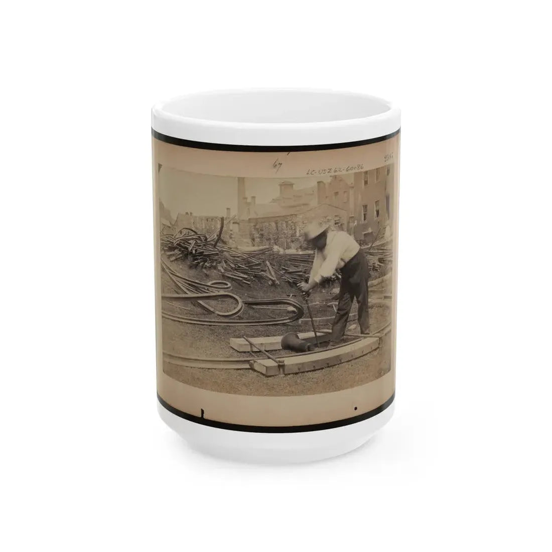 Railroad Construction Worker Straightening Track; Pile Of Twisted Rails In Background. 1862-63 (U.S. Civil War) White Coffee Mug 15oz - Go Mug Yourself
