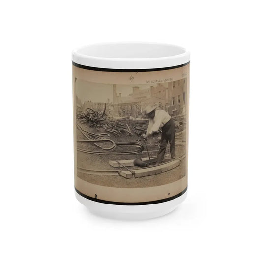 Railroad Construction Worker Straightening Track; Pile Of Twisted Rails In Background. 1862-63 (U.S. Civil War) White Coffee Mug 15oz - Go Mug Yourself