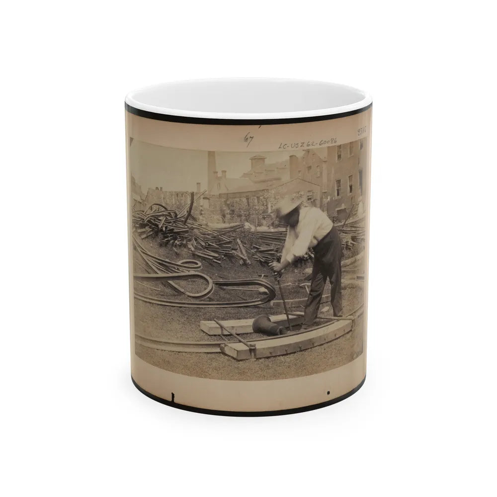 Railroad Construction Worker Straightening Track; Pile Of Twisted Rails In Background. 1862-63 (U.S. Civil War) White Coffee Mug-11oz-Go Mug Yourself