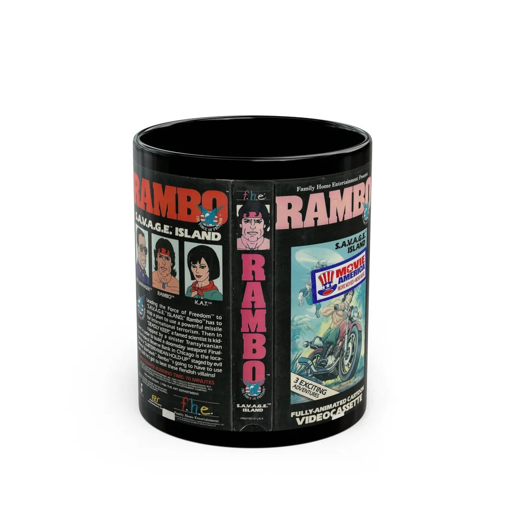 RAMBO CARTOON SAVAGE ISLAND (VHS COVER) - Black Coffee Mug-11oz-Go Mug Yourself