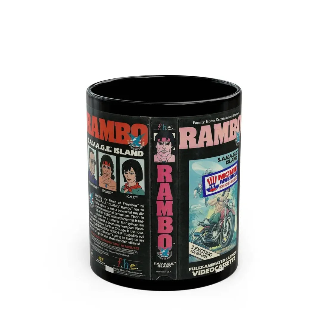 RAMBO CARTOON SAVAGE ISLAND (VHS COVER) - Black Coffee Mug 11oz - Go Mug Yourself