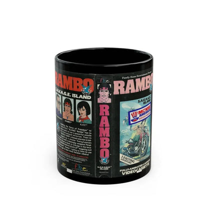 RAMBO CARTOON SAVAGE ISLAND (VHS COVER) - Black Coffee Mug 11oz - Go Mug Yourself