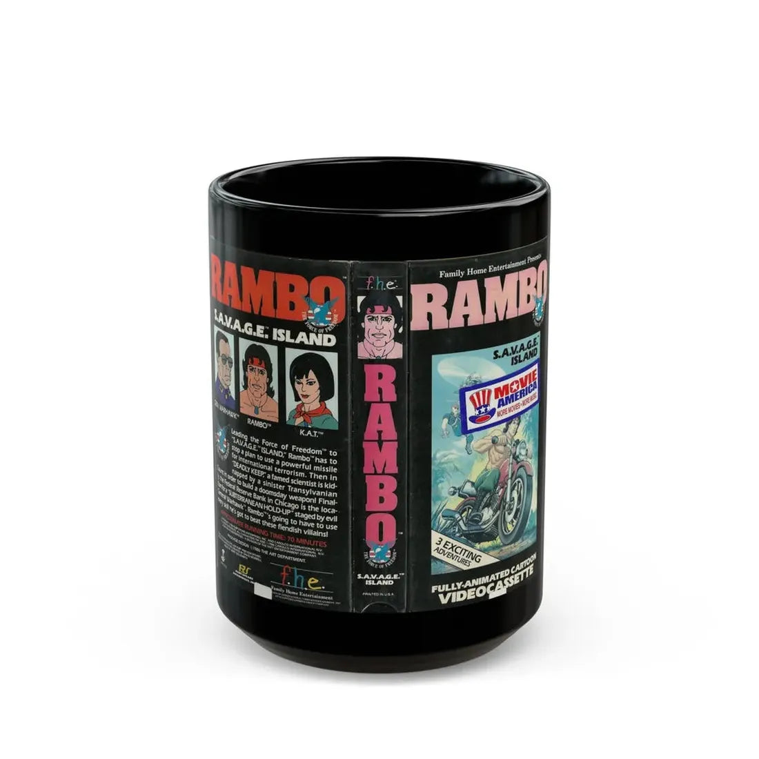RAMBO CARTOON SAVAGE ISLAND (VHS COVER) - Black Coffee Mug 15oz - Go Mug Yourself