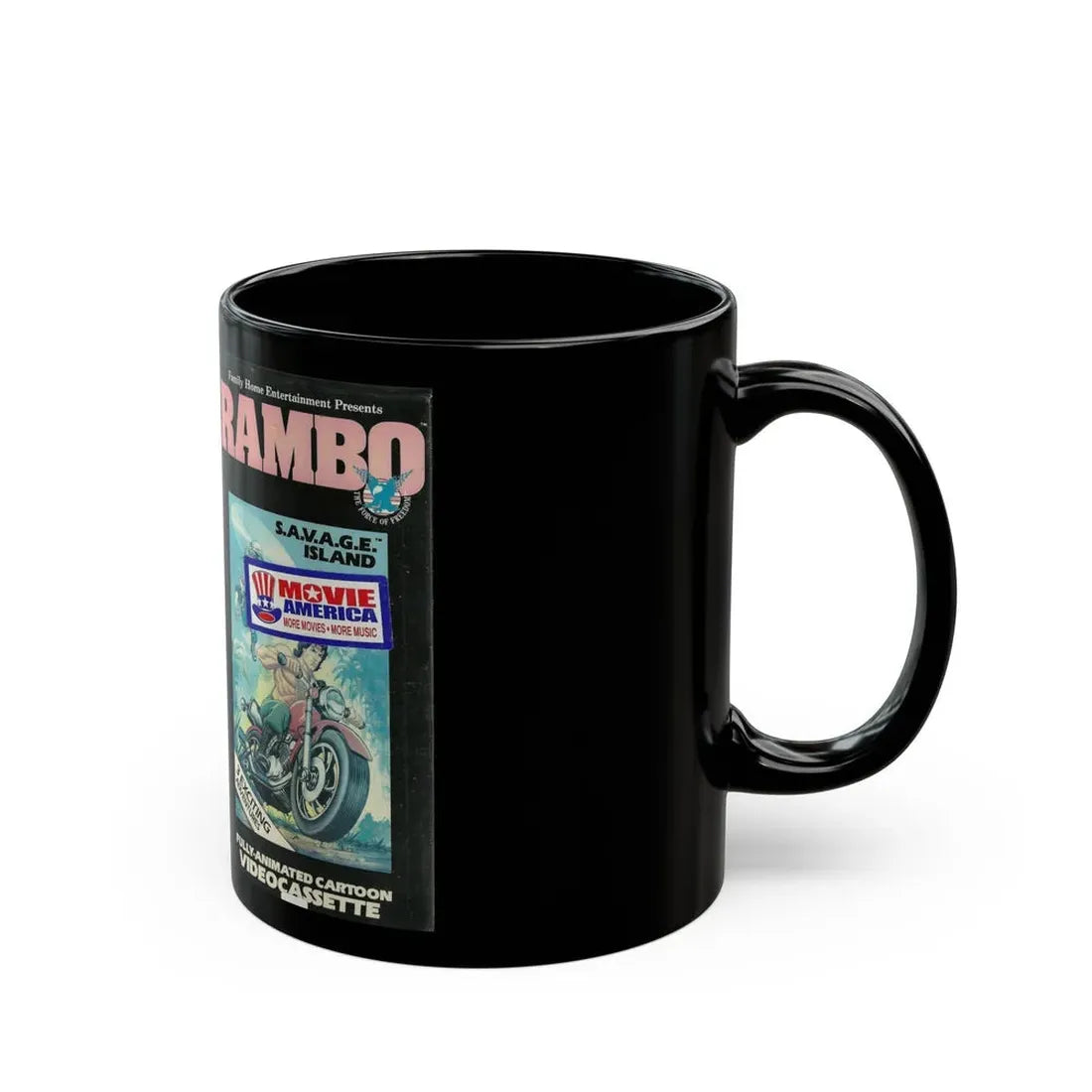 RAMBO CARTOON SAVAGE ISLAND (VHS COVER) - Black Coffee Mug - Go Mug Yourself
