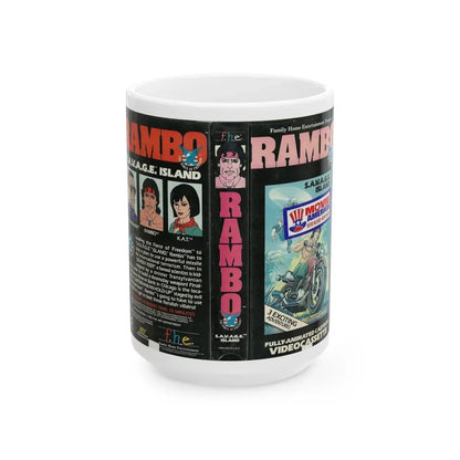 RAMBO CARTOON SAVAGE ISLAND (VHS COVER) - White Coffee Mug 15oz - Go Mug Yourself