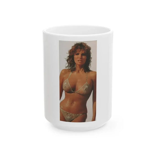 Raquel Welch #417 - Cirac 70's Small Magazine Clipping See through wet bikini top (Vintage Female Icon) White Coffee Mug 15oz - Go Mug Yourself