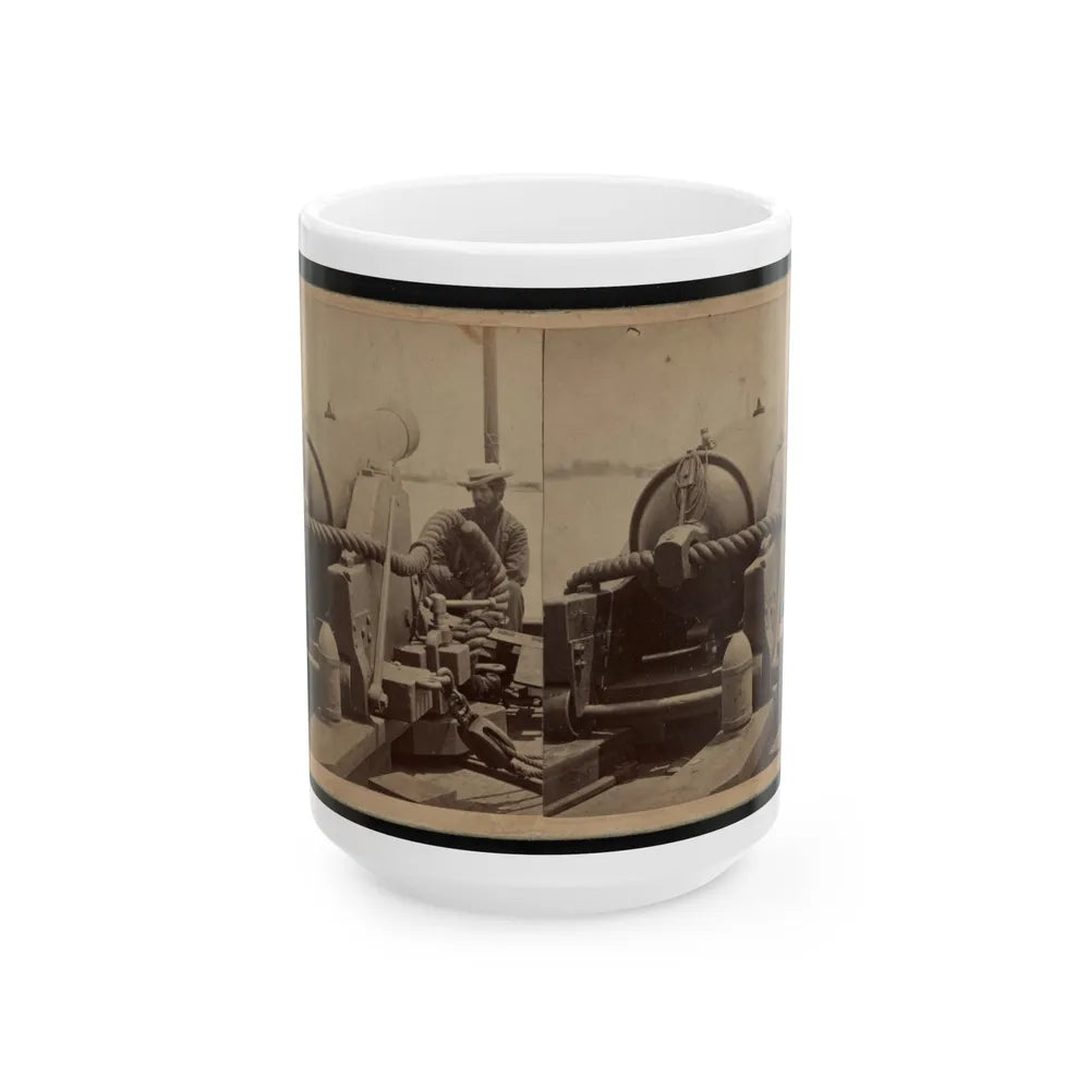 Rear View Of A Cannon With A Soldier Sitting Adjacent To It Facing Forward (U.S. Civil War) White Coffee Mug-15oz-Go Mug Yourself