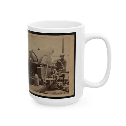 Rear View Of A Cannon With A Soldier Sitting Adjacent To It Facing Forward (U.S. Civil War) White Coffee Mug-Go Mug Yourself