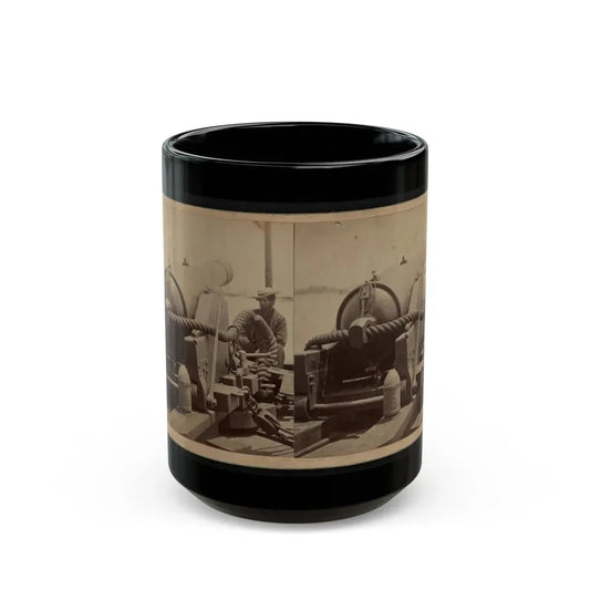 Rear View Of A Cannon With A Soldier Sitting Adjacent To It Facing Forward (U.S. Civil War) Black Coffee Mug 15oz - Go Mug Yourself