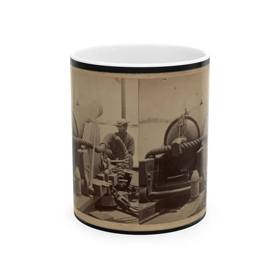 Rear View Of A Cannon With A Soldier Sitting Adjacent To It Facing Forward (U.S. Civil War) White Coffee Mug 11oz - Go Mug Yourself