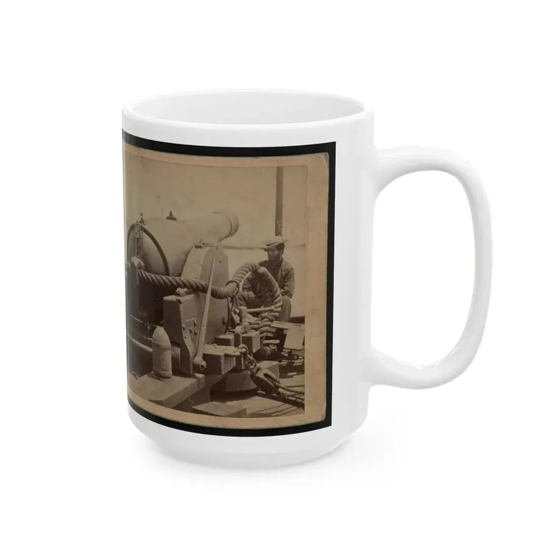 Rear View Of A Cannon With A Soldier Sitting Adjacent To It Facing Forward (U.S. Civil War) White Coffee Mug - Go Mug Yourself