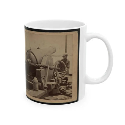 Rear View Of A Cannon With A Soldier Sitting Adjacent To It Facing Forward (U.S. Civil War) White Coffee Mug - Go Mug Yourself