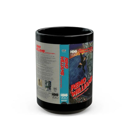 REMO WILLIAMS THE ADVENTURE BEGINS HBO VIDEO (VHS COVER) - Black Coffee Mug 15oz - Go Mug Yourself