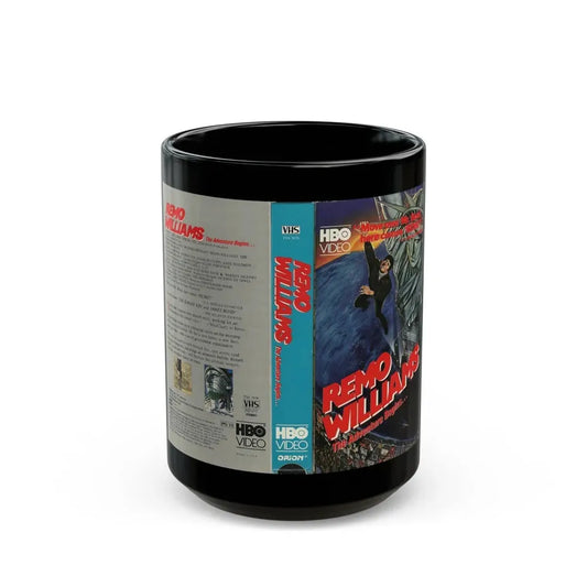 REMO WILLIAMS THE ADVENTURE BEGINS HBO VIDEO (VHS COVER) - Black Coffee Mug 15oz - Go Mug Yourself