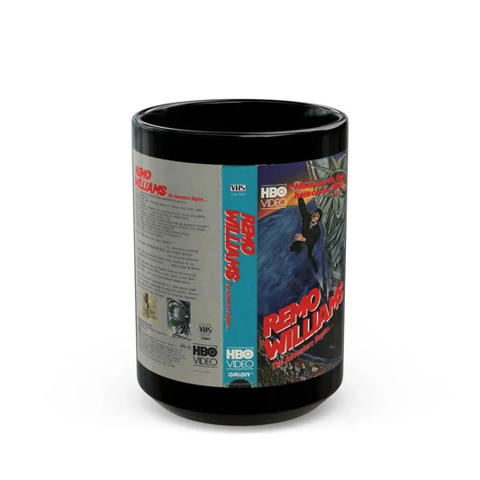 REMO WILLIAMS THE ADVENTURE BEGINS (VHS COVER) - Black Coffee Mug 15oz - Go Mug Yourself