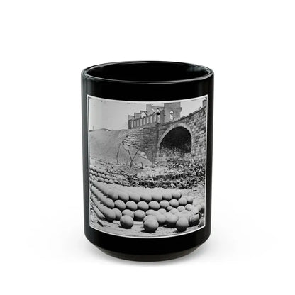 Richmond, Va. Piles Of Solid Shot, Canister, Etc., In The Arsenal Grounds; Richmond & Petersburg Railroad Bridge At Right (U.S. Civil War) Black Coffee Mug 15oz - Go Mug Yourself