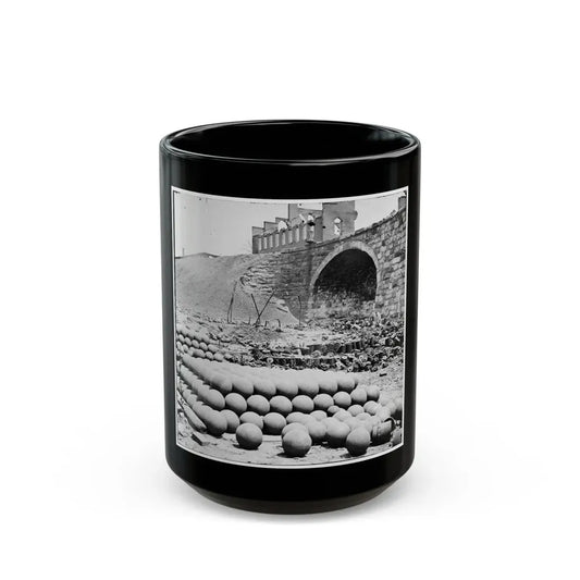 Richmond, Va. Piles Of Solid Shot, Canister, Etc., In The Arsenal Grounds; Richmond & Petersburg Railroad Bridge At Right (U.S. Civil War) Black Coffee Mug 15oz - Go Mug Yourself