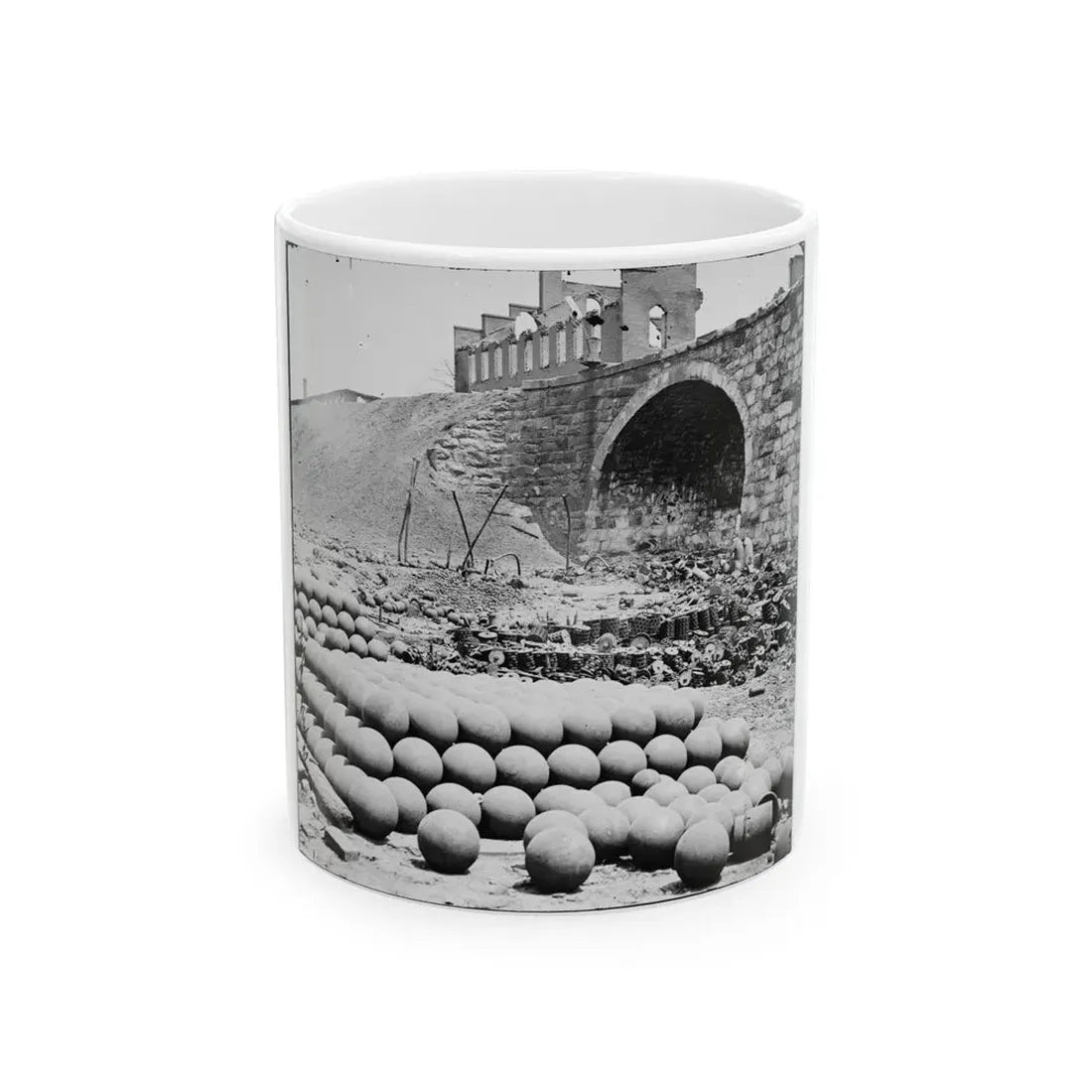 Richmond, Va. Piles Of Solid Shot, Canister, Etc., In The Arsenal Grounds; Richmond & Petersburg Railroad Bridge At Right (U.S. Civil War) White Coffee Mug 11oz - Go Mug Yourself