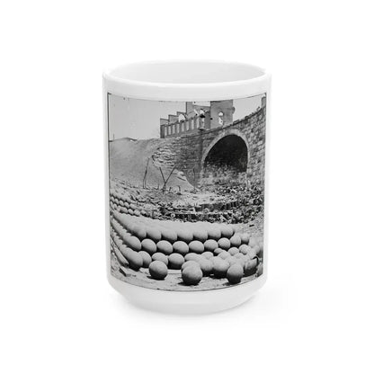 Richmond, Va. Piles Of Solid Shot, Canister, Etc., In The Arsenal Grounds; Richmond & Petersburg Railroad Bridge At Right (U.S. Civil War) White Coffee Mug 15oz - Go Mug Yourself