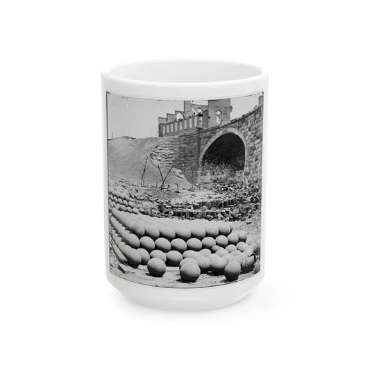 Richmond, Va. Piles Of Solid Shot, Canister, Etc., In The Arsenal Grounds; Richmond & Petersburg Railroad Bridge At Right (U.S. Civil War) White Coffee Mug 15oz - Go Mug Yourself