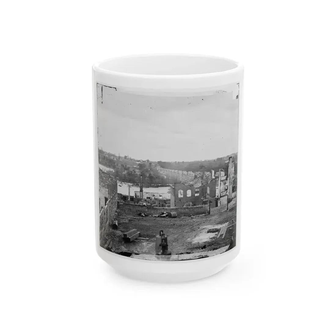 Richmond, Va. Ruins Of Richmond & Petersburg Railroad Bridge; South Bank Of The James Beyond (U.S. Civil War) White Coffee Mug 15oz - Go Mug Yourself