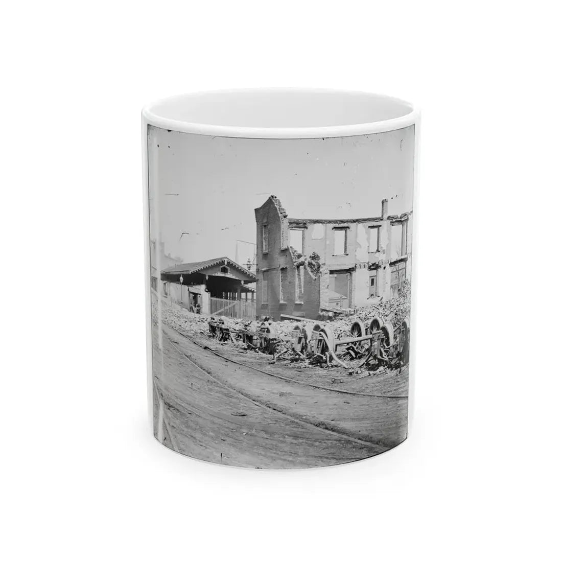 Richmond, Va. Wheels And Burned Railroad Cars Near Richmond & Petersburg Railroad Station (U.S. Civil War) White Coffee Mug 11oz - Go Mug Yourself