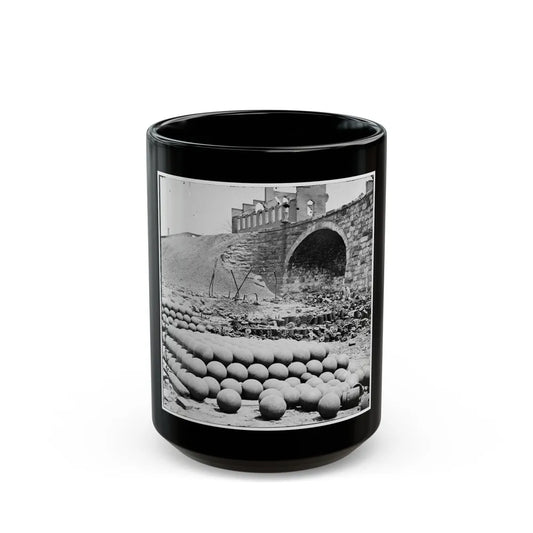 Richmond, Va. Piles Of Solid Shot, Canister, Etc., In The Arsenal Grounds; Richmond & Petersburg Railroad Bridge At Right (U.S. Civil War) Black Coffee Mug-15oz-Go Mug Yourself