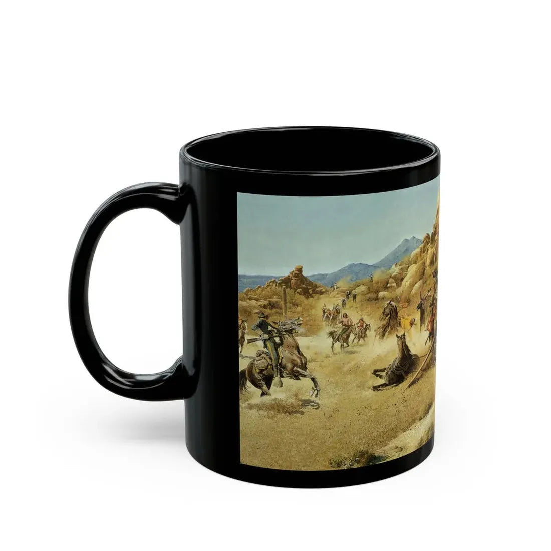 Robert McGinnis (1926-) Fight at Gila Trail - Black Coffee Mug - Go Mug Yourself