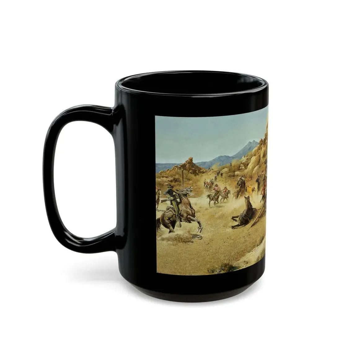 Robert McGinnis (1926-) Fight at Gila Trail - Black Coffee Mug - Go Mug Yourself