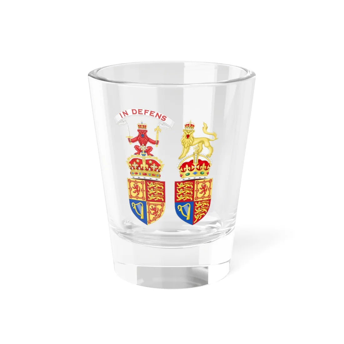 Royal arms and crests of the United Kingdom both variants (United Kingdom) (Coat of Arms) Shot Glass 1.5oz 1.5oz - Go Mug Yourself
