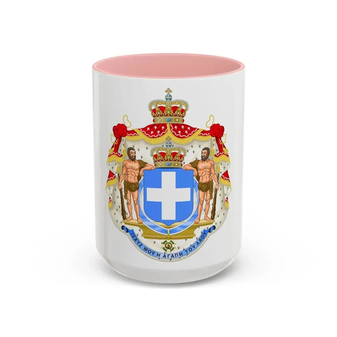 Royal Coat of Arms of Greece (blue cross) - Accent Coffee Mug 15oz Pink - Go Mug Yourself