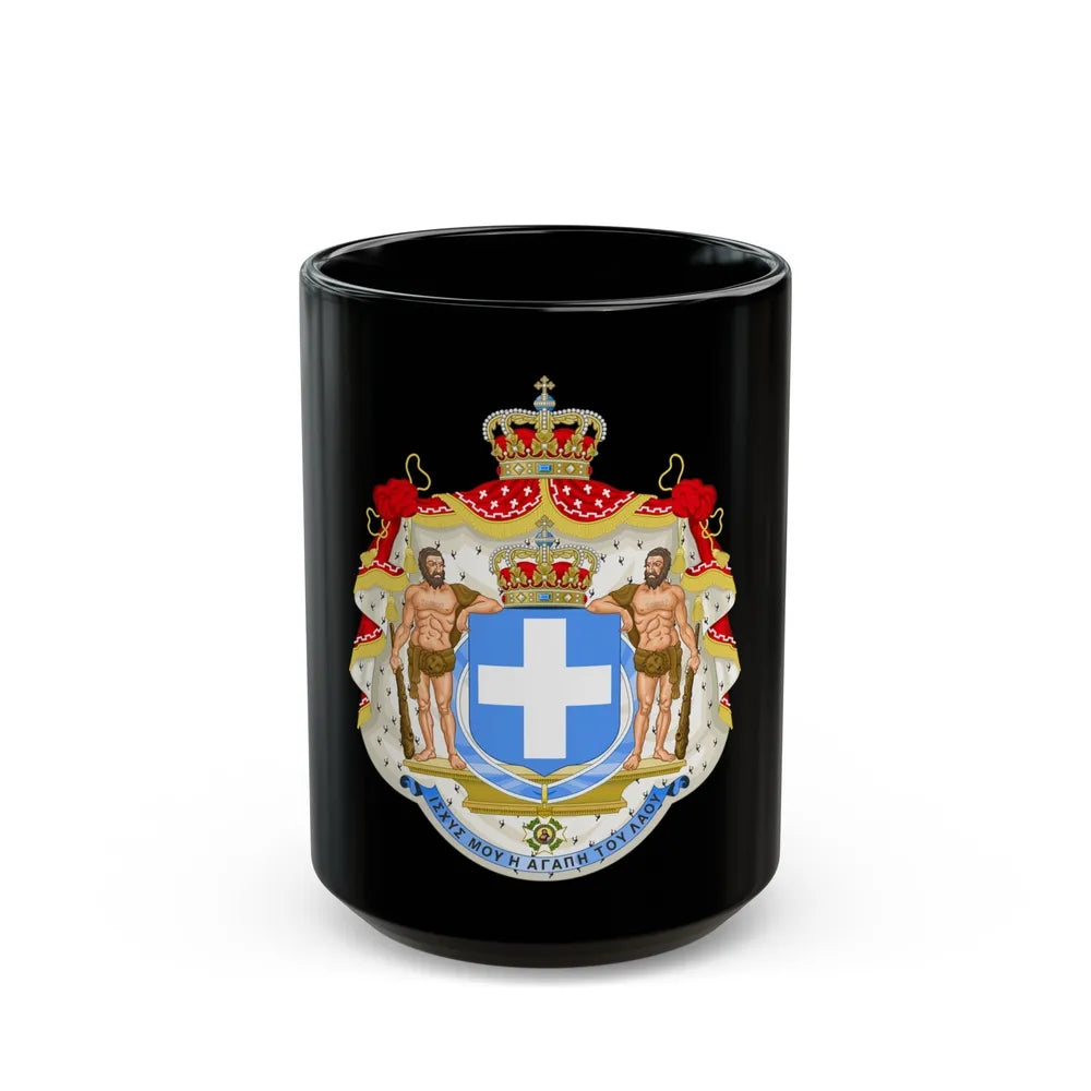 Royal Coat of Arms of Greece (blue cross) - Black Coffee Mug-15oz-Go Mug Yourself