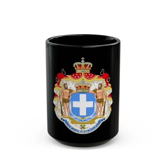 Royal Coat of Arms of Greece (blue cross) - Black Coffee Mug 15oz - Go Mug Yourself