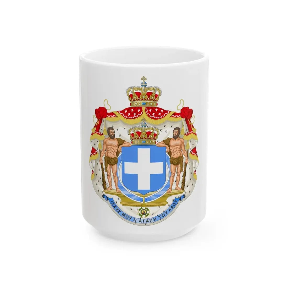 Royal Coat of Arms of Greece (blue cross) - White Coffee Mug 15oz - Go Mug Yourself