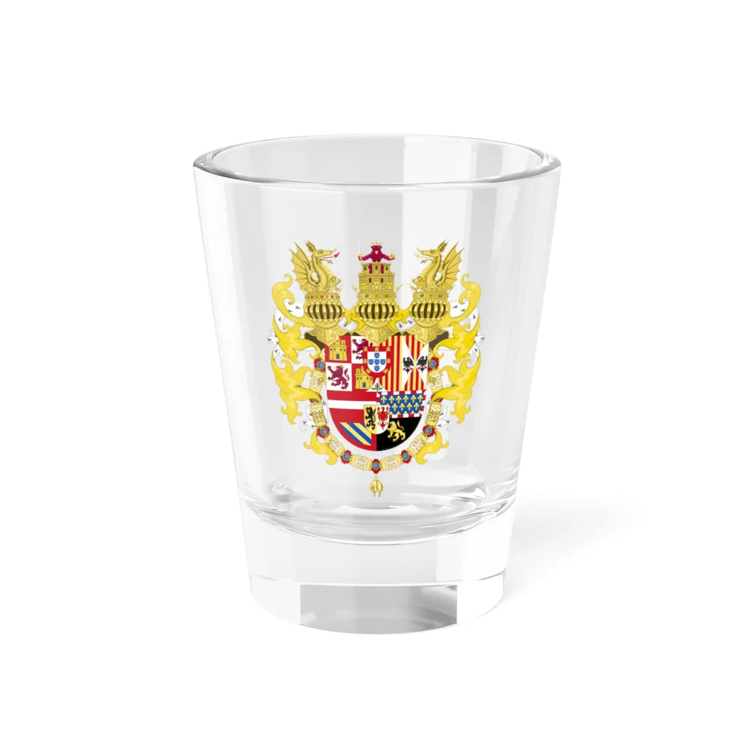 Royal Coat of Arms of Spain with Germanic Ornaments 1580-1621 (Spain) (Coat of Arms) Shot Glass 1.5oz 1.5oz - Go Mug Yourself