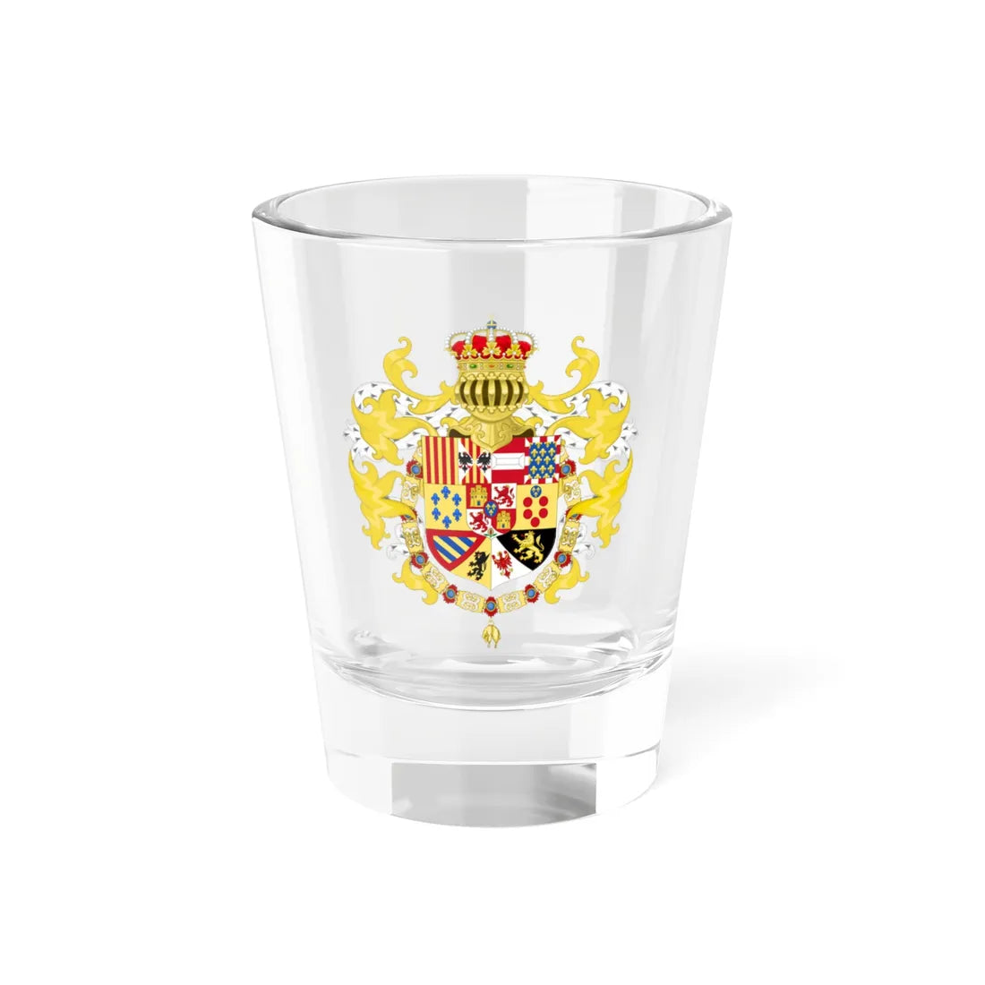 Royal Coat of Arms of Spain with Germanic Ornaments 1761-1868 and 1874-1931 (Spain) (Coat of Arms) Shot Glass 1.5oz 1.5oz - Go Mug Yourself