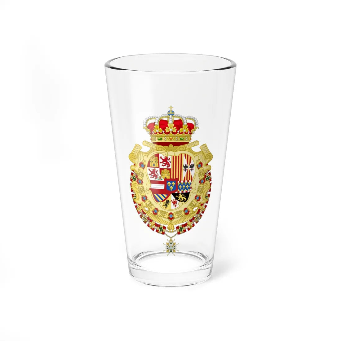 Royal Greater Coat of Arms of Spain 1700-1761 Version with Golden Fleece and Holy Spirit Collars (Spain) (Coat of Arms) Pint Glass 16oz 16oz - Go Mug Yourself