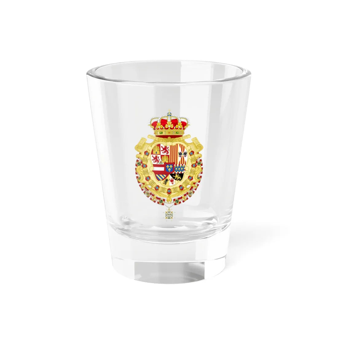 Royal Greater Coat of Arms of Spain 1700-1761 Version with Golden Fleece and Holy Spirit Collars (Spain) (Coat of Arms) Shot Glass 1.5oz 1.5oz - Go Mug Yourself