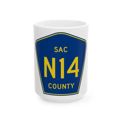 Sac County Route N14 IA (Iowa) (Road Sign) White Coffee Mug 15oz - Go Mug Yourself