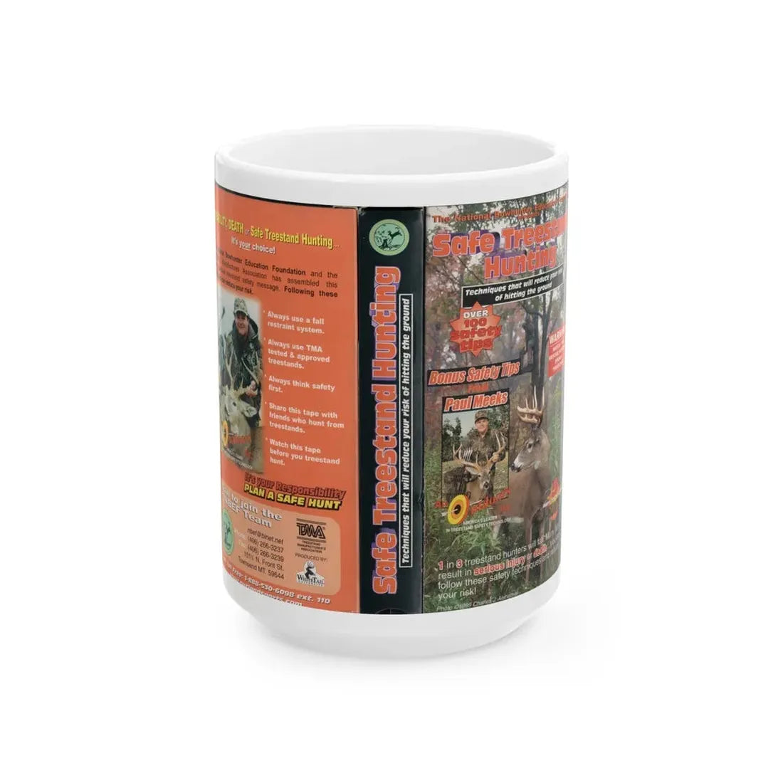 SAFE TREESTAND HUNTING (VHS COVER) - White Coffee Mug 15oz - Go Mug Yourself