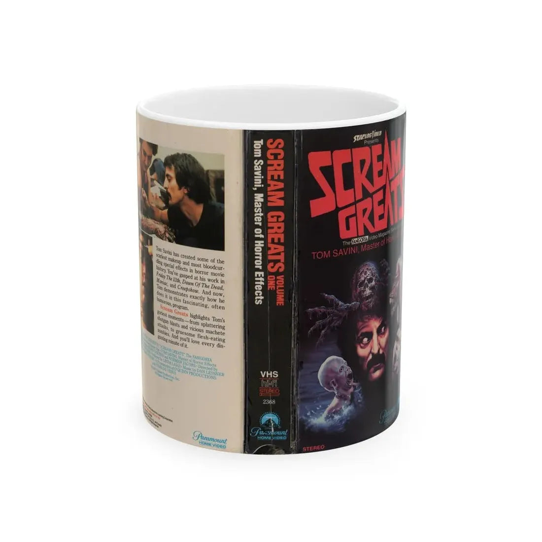 SCREAM GREATS THE FANGORIA VIDEO MAGAZINE VOLUME ONE TOM SAVINI STARLOG VIDEO (VHS COVER) - White Coffee Mug 11oz - Go Mug Yourself