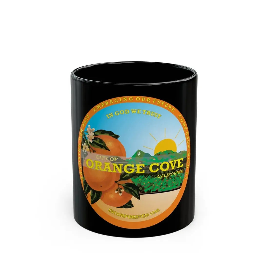 Seal of Orange Cove California - Black Coffee Mug 11oz - Go Mug Yourself