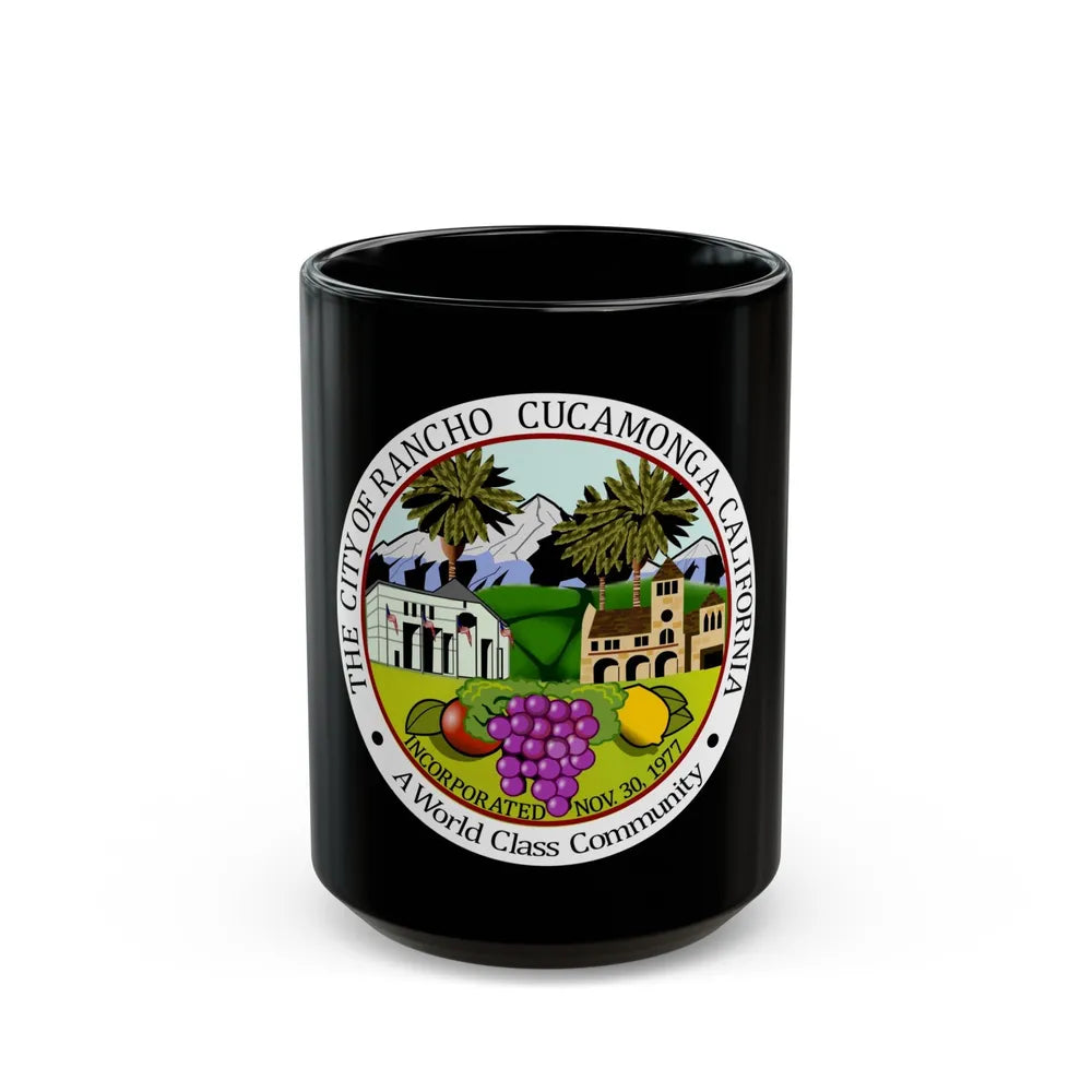 Seal of Rancho Cucamonga California - Black Coffee Mug-15oz-Go Mug Yourself