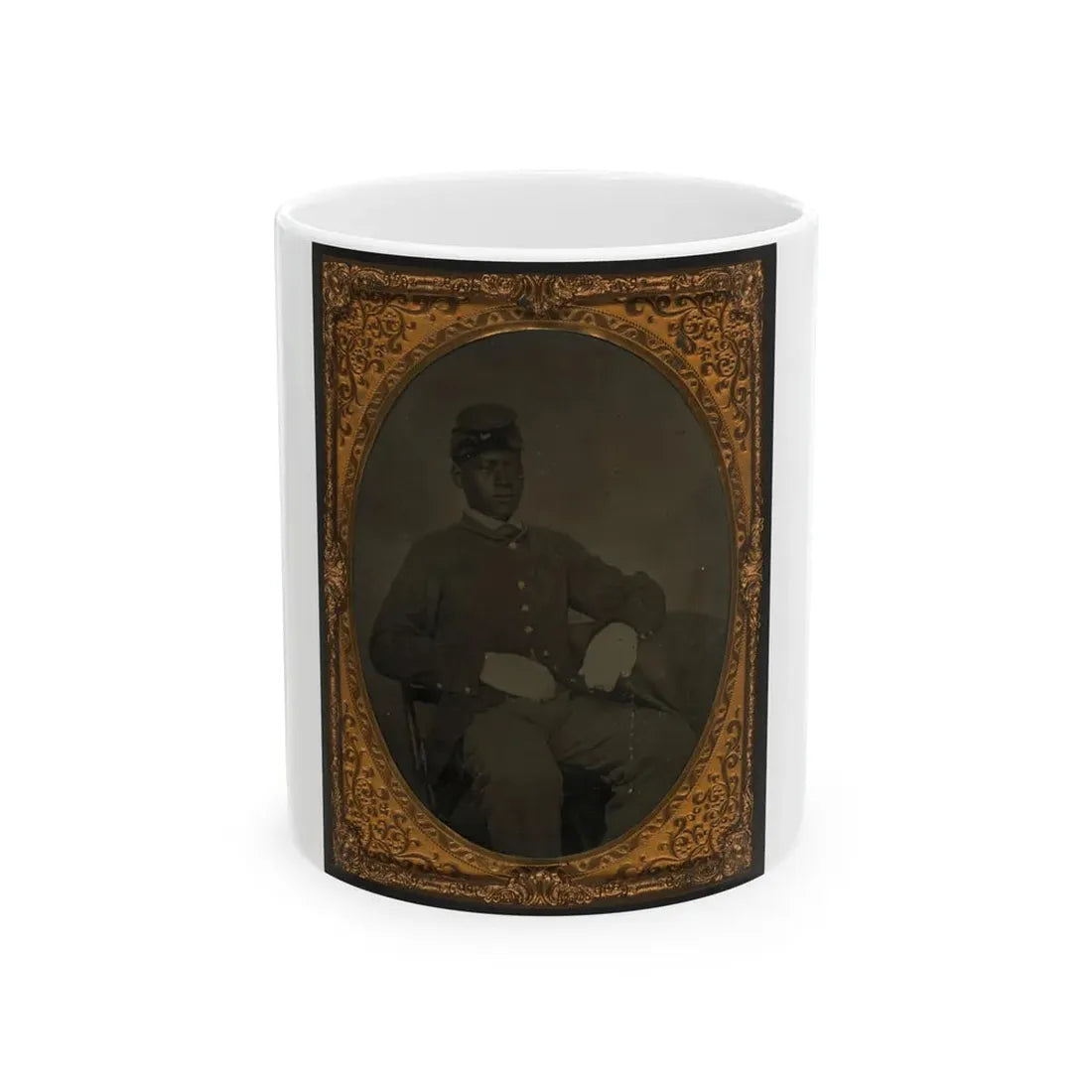 Seated Black Soldier, Frock Coat, Gloves, Kepi (U.S. Civil War) White Coffee Mug 11oz - Go Mug Yourself