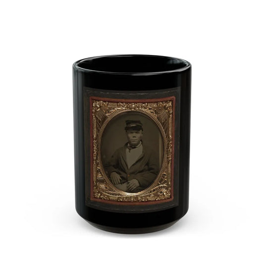 Seated Soldier Wearing Four Button Sack With Kepi, Patriotic Matte (U.S. Civil War) Black Coffee Mug-15oz-Go Mug Yourself