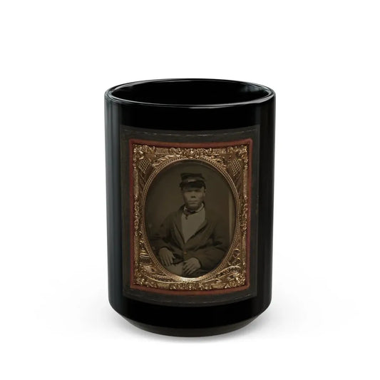 Seated Soldier Wearing Four Button Sack With Kepi, Patriotic Matte (U.S. Civil War) Black Coffee Mug 15oz - Go Mug Yourself
