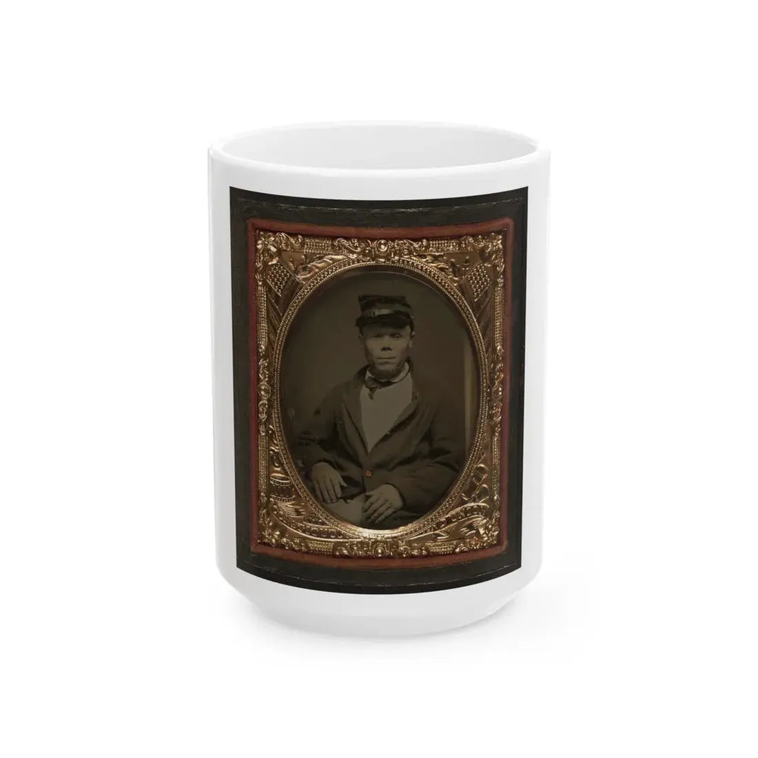 Seated Soldier Wearing Four Button Sack With Kepi, Patriotic Matte (U.S. Civil War) White Coffee Mug 15oz - Go Mug Yourself