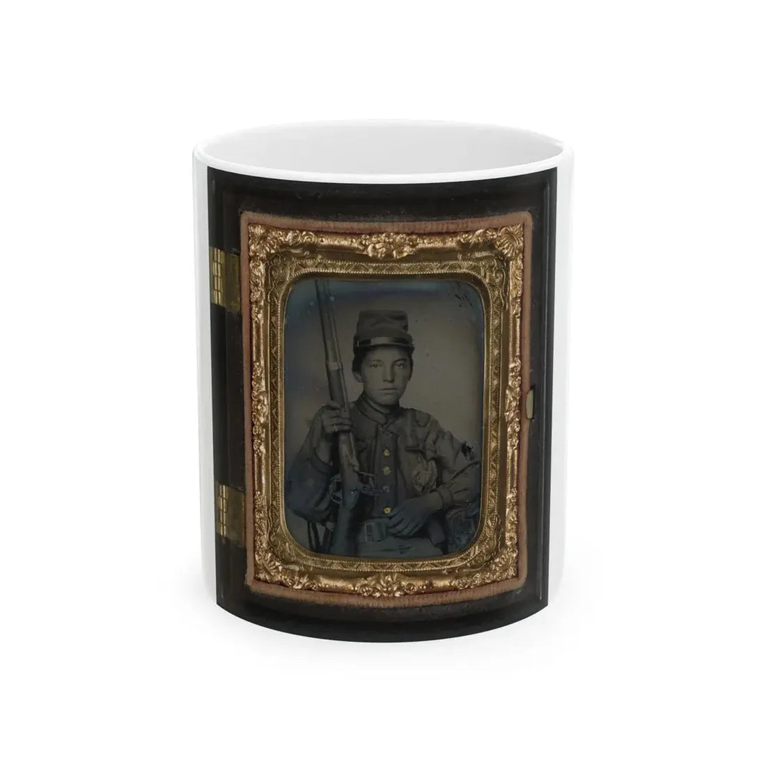 Sergeant William T. Biedler, 16 Years Old, Of Company C, Mosby's Virginia Cavalry Regiment With Flintlock Musket (U.S. Civil War) White Coffee Mug 11oz - Go Mug Yourself