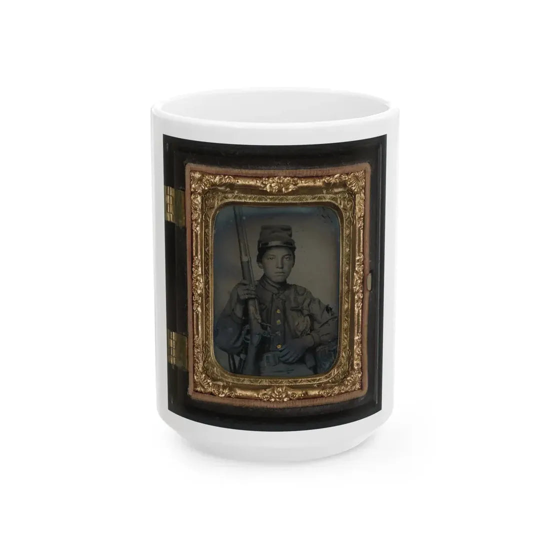 Sergeant William T. Biedler, 16 Years Old, Of Company C, Mosby's Virginia Cavalry Regiment With Flintlock Musket (U.S. Civil War) White Coffee Mug 15oz - Go Mug Yourself