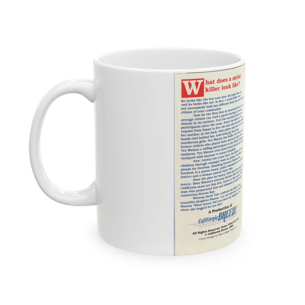 SERIAL KILLER DENIED THE PAROLE HEARING OF CHARLES TEX WATSON (VHS COVER) - White Coffee Mug-Go Mug Yourself